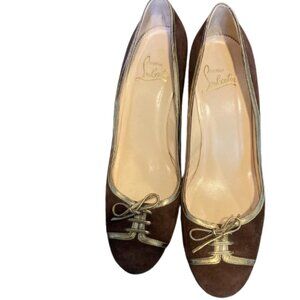 Christian Louboutin Brown Suede Heels With Gold Trim And Gold Thick Heel